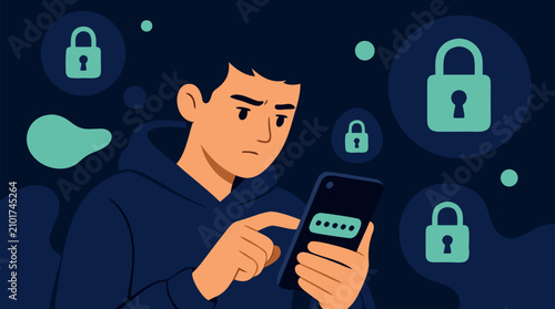 Cautious young man entering a password on his smartphone amid glowing lock icons, dark navy cybersecurity scene about privacy, secure login, data protection and mobile authentication