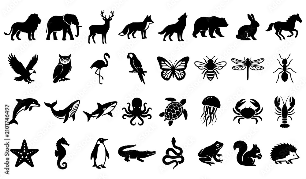 Obraz premium Black Animal Bird Insect and Sea Creature Silhouette Vector Icon Collection