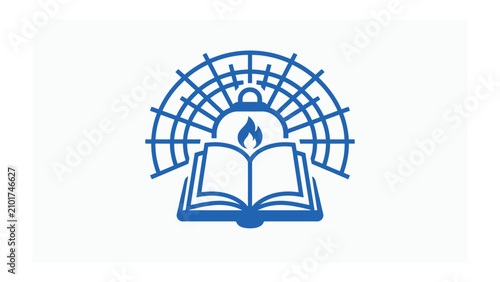 Photography Global Knowledge Symbol: An abstract blue graphic representing an open book with a flame above it, enclosed within a grid-like dome, symbolizing education and enlightenment spreading across the world