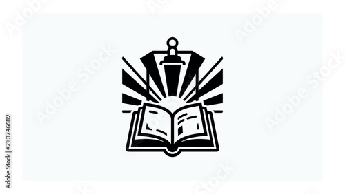 Принти на полотні Open Book with Crown Symbol: An open book is illuminated by radiant rays emanating from behind a crown, symbolizing knowledge, authority, and enlightenment