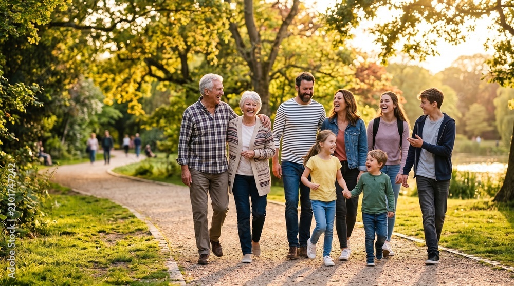 Obraz premium Happy multi-generational family walking together along a path in a sunny park during autumn