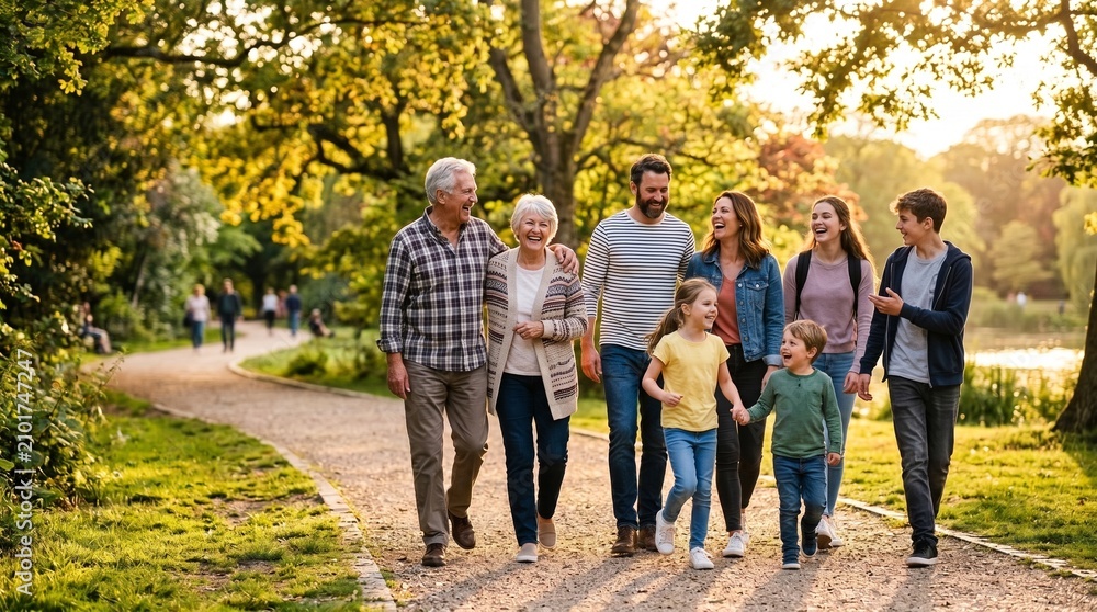 Obraz premium Multi-generational family enjoying a scenic sunset walk together on a serene park trail surrounded by beautiful lush autumn trees