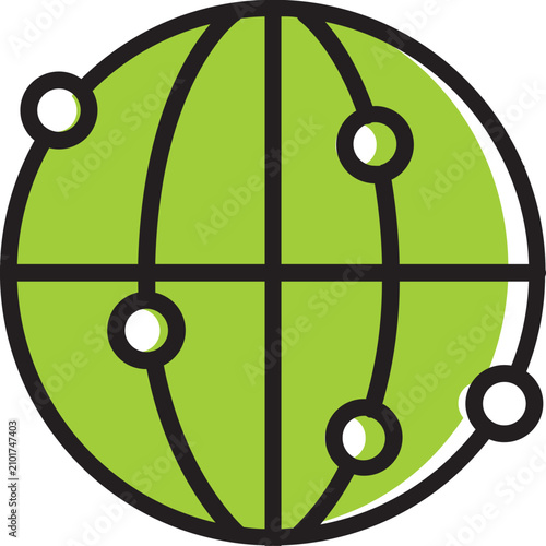 Stylized green sphere with interconnected white dots symbolizing worldwide data exchange and digital communication.