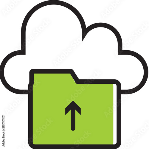 A graphic illustration depicting a green folder with an upward arrow beneath a white cloud, symbolizing data upload to cloud storage.