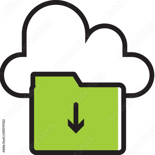 Minimalist outline icon of a green folder with a download arrow under a white cloud, representing cloud data transfer.