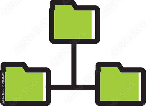 Simple graphic of three bright green folders interconnected, symbolizing data sharing and hierarchical storage.
