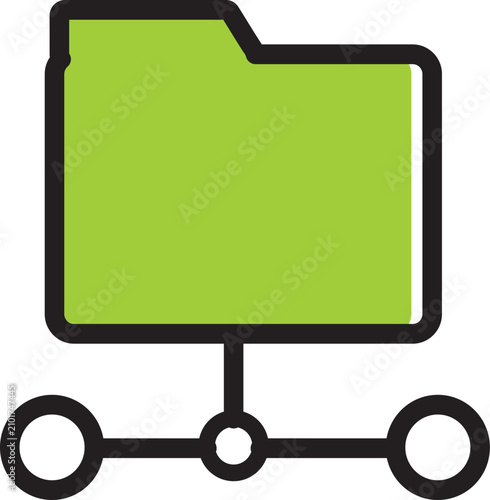Stylized green folder icon connected to a network of nodes, symbolizing digital data sharing.