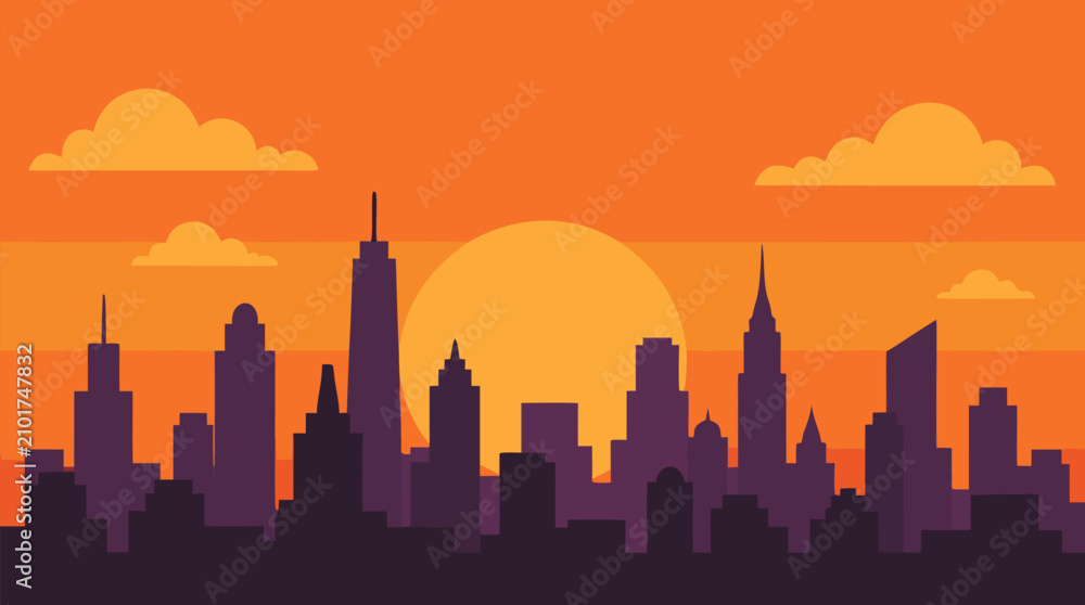 Fototapeta premium Minimal city skyline silhouette at sunset with warm orange gradient sky, glowing sun, layered skyscrapers and soft clouds, clean urban vector illustration for real estate and travel design projects