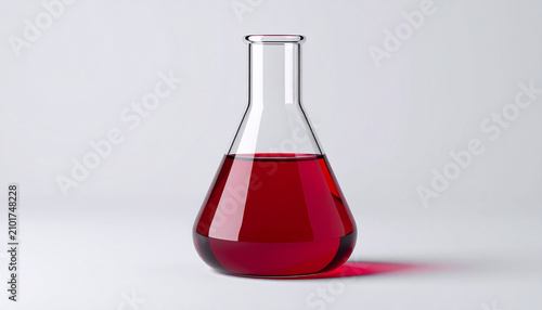 Dark red chromic acid solution inside transparent glass laboratory beaker, scientific chemistry, laboratory analysis and chemical research theme, white background. Close-up.