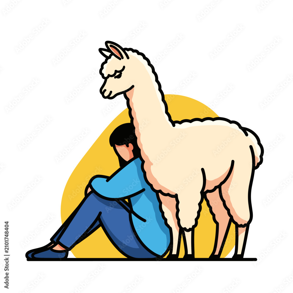 Fototapeta premium Sad person comforted by friendly white alpaca.