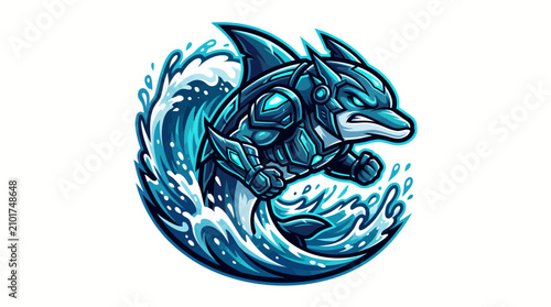 Cybernetic dolphin mascot jumping through a dynamic ocean wave