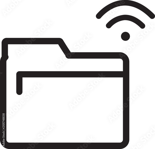 Minimalist black line icon of a folder with a Wi-Fi symbol, representing wireless data transfer and cloud storage.
