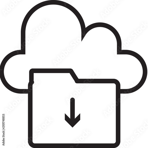 Line art icon depicting a cloud storage system with a folder and a downward download arrow.