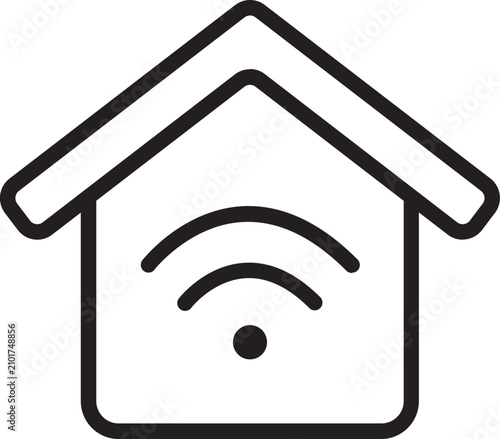 Simple black line art icon illustrating a house with an internal Wi-Fi signal, symbolizing smart home technology and connectivity.