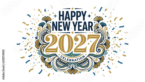 Foto Happy New Year 2027: A festive and ornate design announces Happy New Year 2027 with celebratory confetti and swirling decorative elements, evoking excitement for the upcoming year
