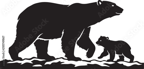 Photography Striking black silhouette illustration of a polar bear mother and her cub walkin