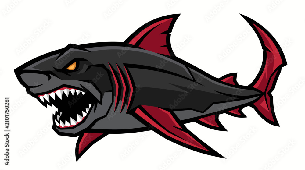 Fototapeta premium Fierce black and red shark mascot with sharp teeth and open jaws