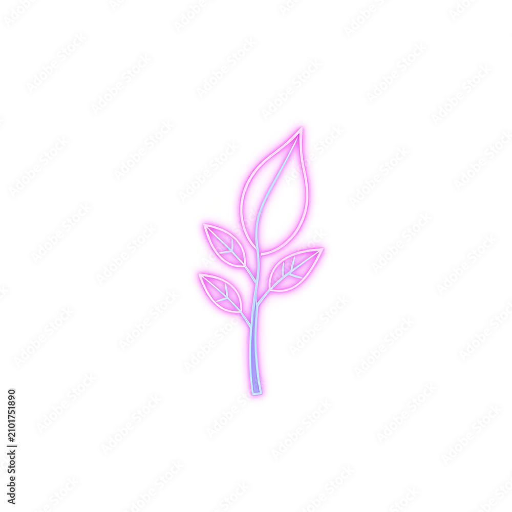 Obraz premium Glowing neon plant branch with pink leaves isolated on white background