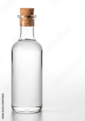 Transparent distilled vinegar in a glass bottle with a cork stopper isolated on a bright white background, creating a clean culinary scene, healthy, cleaning, isolated