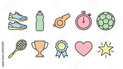 Fotografie Sports Icon Set: A collection of colorful flat icons representing various sports equipment, awards, and symbols of health and achievement