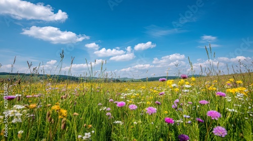 Vibrant Wildflower Meadow Under Bright Blue Sky with Soft White Clouds and Lush Green Grass in Springtime