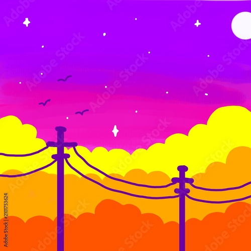 Vibrant twilight sky blends purple, yellow, and orange hues