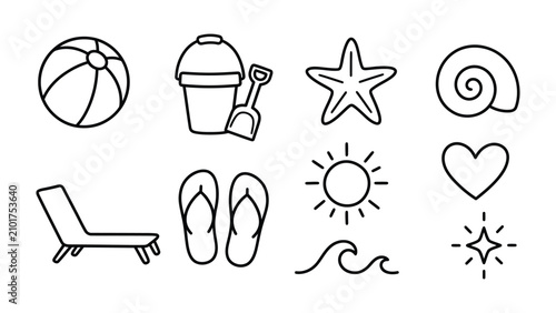 Photos Beach Day Icons: A collection of charming black and white line art icons representing a perfect day at the beach, including a beach ball, sand bucket, starfish, seashell, lounge chair, flip-flops
