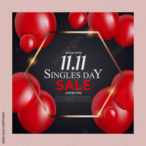 Singles Day 11.11 Sale Poster Design Template with Modern Red and Black Discount Promotion Banner