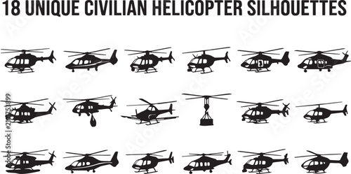 Fotografie Civilian Helicopter Silhouette Collection, Commercial Aviation Rotorcraft Transp