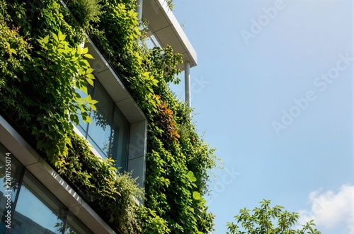 Modern building facade covered in vertical green plants under blue sky ideal for sustainable architecture urban ecology and commercial branding