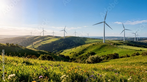 Wind turbines on green hills with blooming wildflowers under blue sky ideal for renewable energy marketing and sustainability banner
