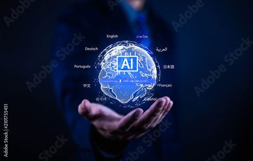 Foto AI language translation and multilingual communication concept with global artificial intelligence voice recognition and real-time translation technology