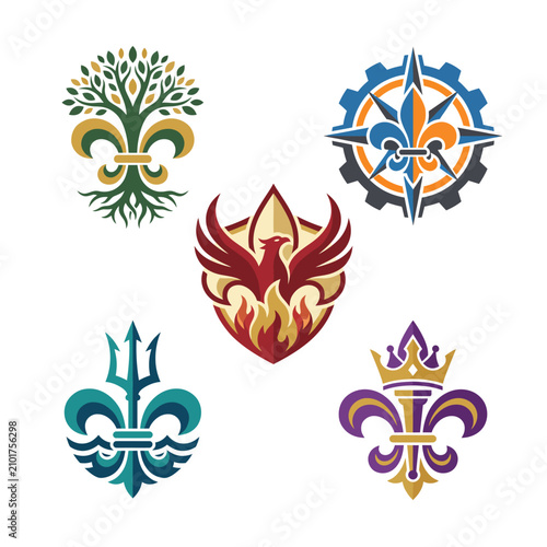This image showcases multiple emblems, each representing different themes of heritage, community, and identity, reflecting cultural diversity and unity through distinct artistic styles and symbols.