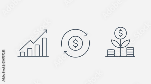 Minimal vector line icon set for capital gains, return on investment, yield growth, profit cycles, and income plants, editable stroke financial symbols for business reports and fintech design.