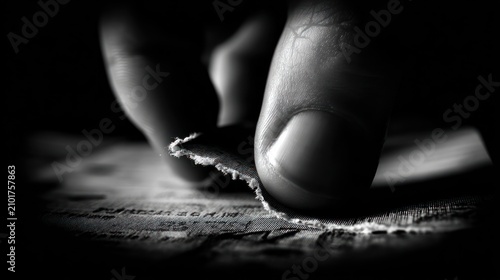 Close up hand tearing paper black and white composition dramatic lighting
