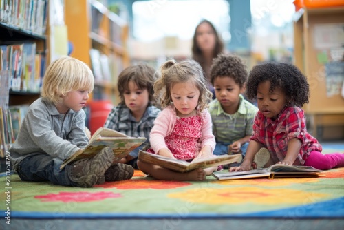 back to school: children sitting on colorful rug in reading corner library, flipping through picture books together. Teacher or librarian nearby, bookshelves, warm and inviting classroom environment. 