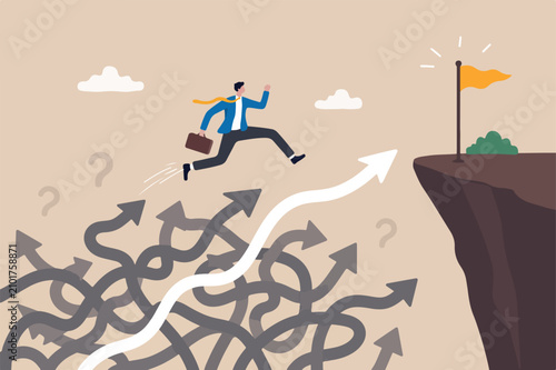 Overcome uncertainty, make decision or determination to achieve success, adversity or courage to solve problem or difficulty concept, businessman jumping on uncertainty random direction arrows