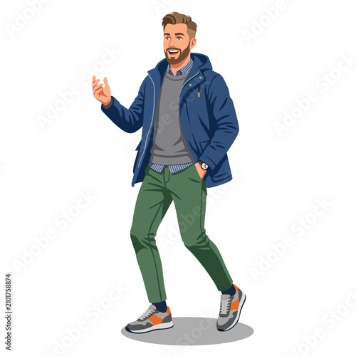 Konstfotografi Smiling modern Belgian man in casual winter fashion walking in dynamic pose flat