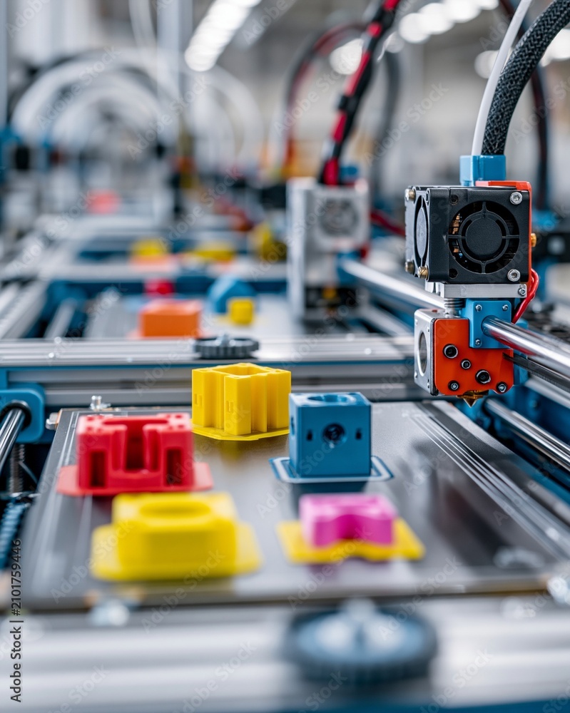 Fototapeta premium Medium angle capturing multiple 3D printers in action producing diverse prototype components like plastic brackets and metal housings in a modern workshop.