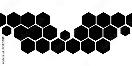 Black hexagon photo collage template. Honeycomb layout design element, blank frames for photo collection, overlay, montage, clipping, layer mask. Vector illustration.