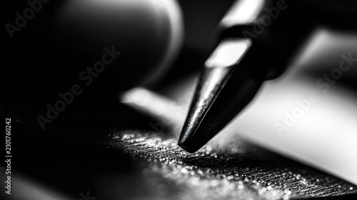 Close up of a pen tip near a white substance on a dark surface