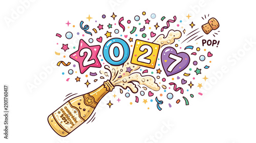 Happy New Year 2027 Champagne Pop Celebration with Confetti Hand-Drawn Festive Illustration
