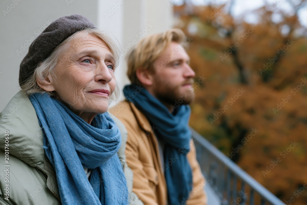 Fototapeta premium Elderly couple autumn balcony portrait with contemplative expressions for background and banner design