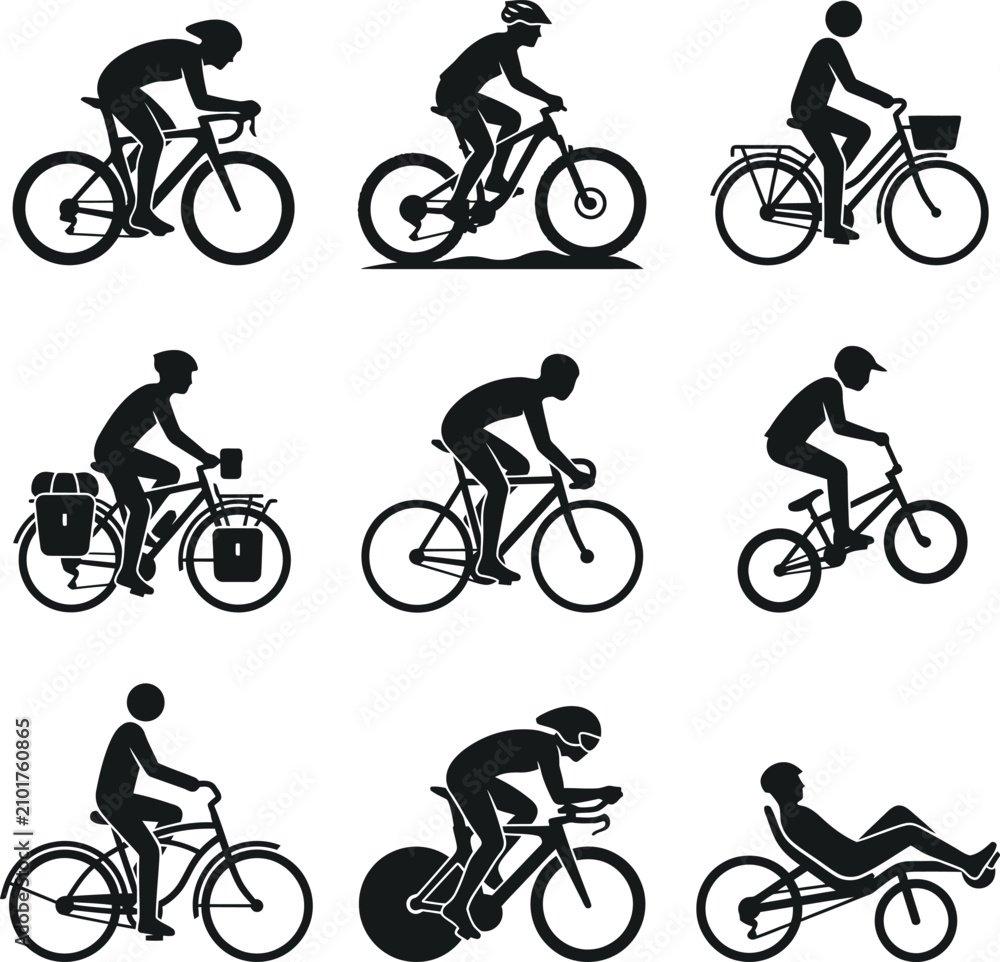 Obraz premium Cycling diversity silhouette collection showing road racing mountain biking city commuting touring and recumbent bicycles for various sport and transport applications.