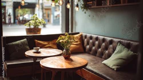 Cozy Café Interior with Comfortable Seating, Wooden Tables, Green Plants, and Natural Light for a Relaxing Atmosphere
