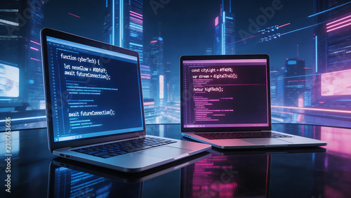 Naklejka Two laptops with coding on screens