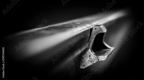 Close up of a rustic metal blade with a dark background and sharp edge