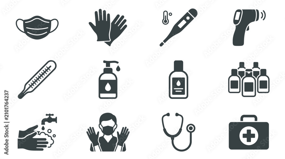 Fototapeta premium Medical icons depicting a doctor wearing a mask and gloves with a stethoscope and thermometer nearby for health and hygiene.