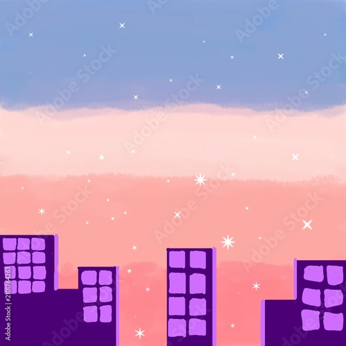 Purple buildings stand under a starry twilight sky