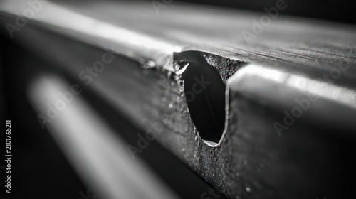 Close up of a damaged metallic surface with a hole in monochrome